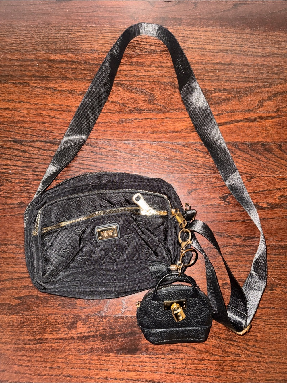 Black Quilted Crossbody Bag with Detachable Mini Charm